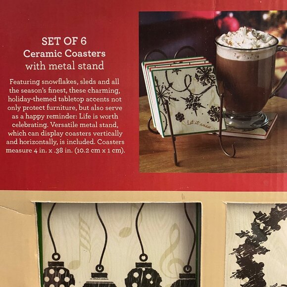Pfaltzgraff Holiday Set Of 6 Ceramic Coasters With Metal Stand Christmas Winter - Picture 2 of 9